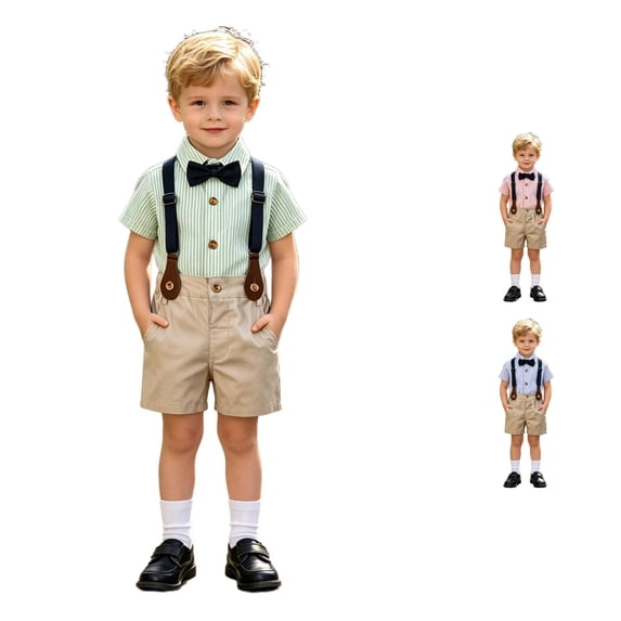 Rggeeun Boys Striped Sets Back To School Collar Button Up Bow Cute Tops Summer Romper Sets Pockets Party Fashion,Green,12-18 Months