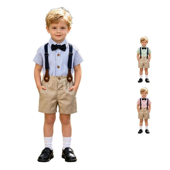 Rggeeun Boys Striped Sets Back To School Collar Button Up Bow Cute Tops Summer Romper Sets Pockets Workout Trendy,Blue,5-6 Years