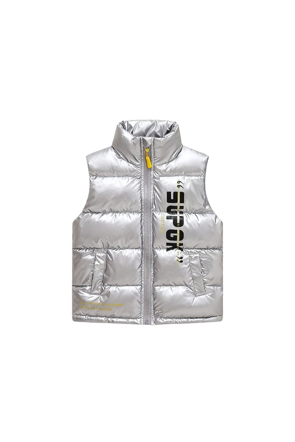 Boys Toddler Outerwear Solid Color Warm Quilted Vest Woven Cowl Neck Winter Padded Sleeveless Jacket Thickened Insulated With Side Pockets For Fashion Wear,Silver,3-4 Years