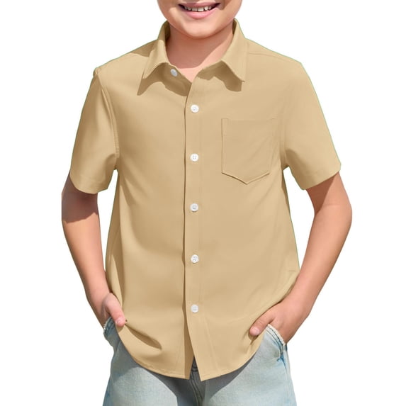 Rggeeun Boys Toddler T-Shirts Solid Color Cardigan Short Sleeve Label Collar With Button Down Pocket For Kids Summer Casual Beach Classic Tee,Khaki,9-10 Years