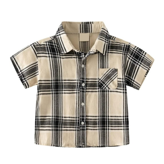 Rggeeun Boys Toddler T-Shirts Vintage Plaid Short Sleeve Summer Label Collar With Buttons Breathable Casual For Kids School Wear And Holiday Outdoor Daily Stylish Tops,Khaki,12-24 Months
