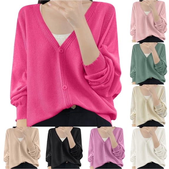 Rggeeun Cardigan Sweaters for Women Fall Cardigans Button Down Knit Tops V Neck Long Sleeve Soft Clothes Office Wear Elegant,Pink,2XL