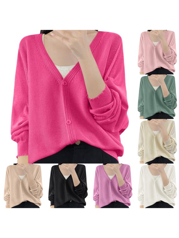 Cardigan Sweaters for Women Fall Cardigans Button Down Knit Tops V Neck Long Sleeve Soft Clothes Office Wear Elegant,Pink,2XL