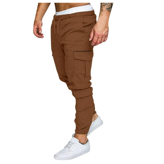 Rggeeun Cargo Pants For Men Casual Solid Color Comfortable Drawstring Pocket Color Matching Design Overalls Pants Joggers Fashion
