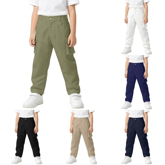 Rggeeun Child Boy Pants Ankle Length Cargo Multiple Pocket Detail Elastic Waist Straight Leg Classic Fit Soft Lightweight Summer Fall Athletic Training Cool Trousers,Green,11-12 Years