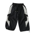 thumbnail image 1 of Rggeeun Child Boy Pants Side Striped Pattern Loose Fit Wide Leg Elastic Waist Knit Pockets Drawstring Ankle Length Buckle Hem Summer Everyday Wear Simple Trousers,Black,10-11 Years, 1 of 4