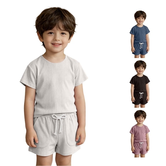 Rggeeun Child Boys Clothes Sets Solid Color Crew Neck Short Sleeve Knit Smooth Top & Elastic with Waist Tie Relaxed Fit Shorts for Summer Holiday Beach Comfort Wear,White,3-4 Years