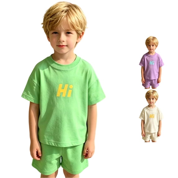 Rggeeun Child Boys Outfit Sets Solid Color Short Sleeve Crew Neck Smooth Breathable Top & Elastic Waist Wide Leg Shorts for Summer Play Sports Comfort Wear,Green,5-6 Years