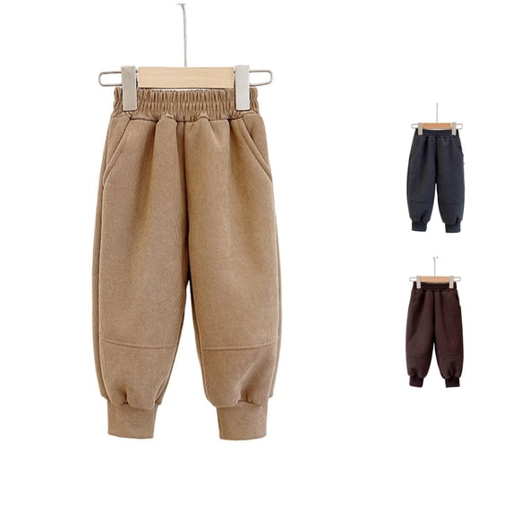 Rggeeun Child Boys Pants Tapered Hem Solid Color Elastic Waist Loose Fit Wide Leg Thermal Thickened Side Pockets Ankle Length Autumn Winter Club Party Comfort Trousers,Beige,12-15 Years