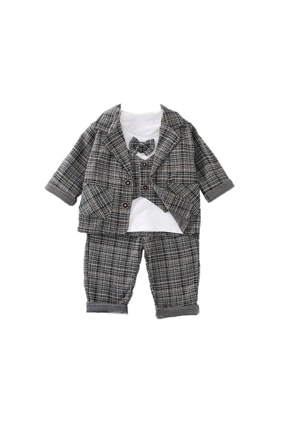 Child Boys Set Irregular Striped Pattern 3 Piece Formal With Bow Tie Vest Long Sleeve Collar Clothes For Spring Autumn Season Lovely Outfit Sets,Grey,2-3 Years
