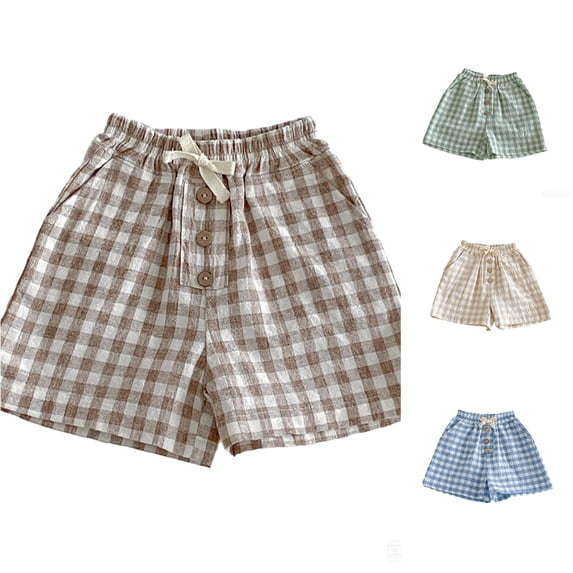 Rggeeun Child Boys Shorts Cute Plaid Pattern Elastic Waist With Adjustable Drawstring Side Pockets And Front Buttons Loose Fit For Summer Everyday Wear Adorable Bottoms,Brown,6-12 Months