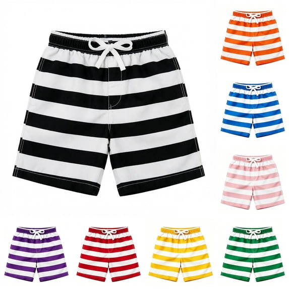 Rggeeun Child Boys Shorts Cute Stripes Pattern Elastic Drawstring Waist Adjustable Loose Fit Soft Breathable Wide Leg For Summer Everyday Use Versatile Bottoms,Black,11-12 Years