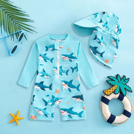 Rggeeun Child Boys Swimsuit Set 2Pc Cartoon Animal Pattern Long Sleeve Crew Neck Front Zipper Elastic with Cover Up Hat for Summer Beach Play Fashion Swimwear,Blue,2-3 Years