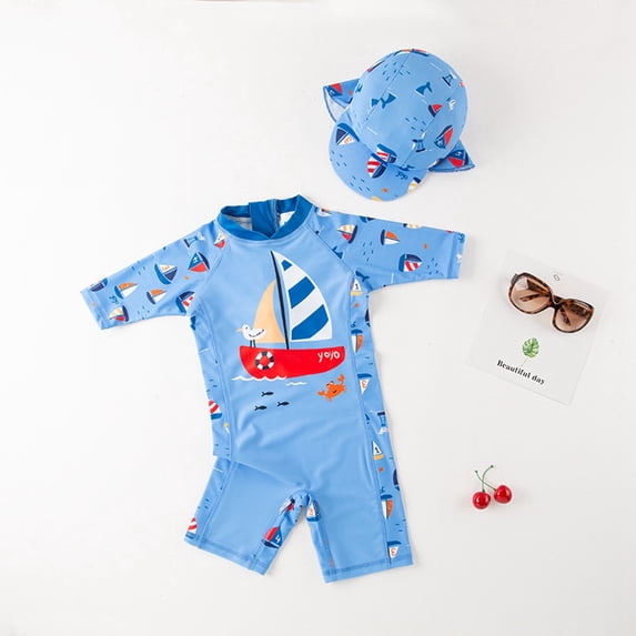 Rggeeun Child Boys Swimsuit Set 2Pc Cute Boat & Cute Animal Pattern Color Block Design Long Sleeve Crew Neck Elastic Above Knee with Cover Up Hat for Summer Beach Play Trendy Beachwear,Blue,5-6 Years