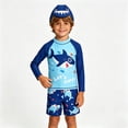 thumbnail image 1 of Rggeeun Child Boys Swimsuit Set 3Pc Cute Animal Print Color Block Design Long Sleeve Crew Neck Top & Elastic Waist Swim Trunks with Hat for Summer Water Surfing Stretchy Swim Wear,Blue,7-8 Years, 1 of 5