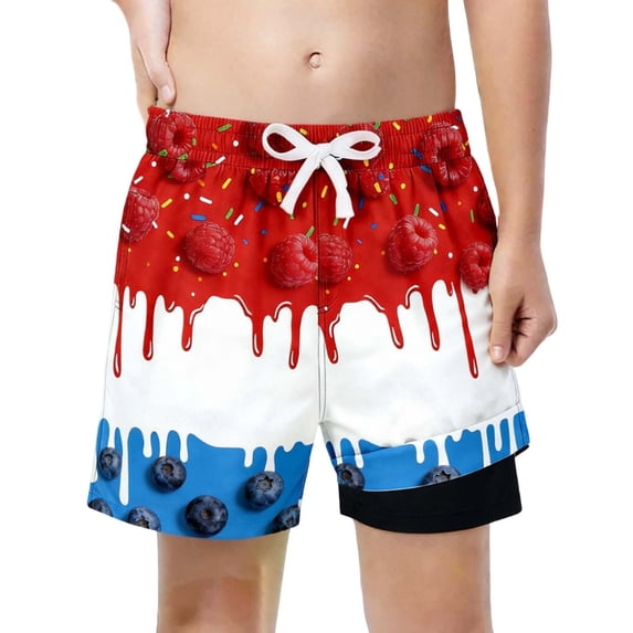 Rggeeun Child Boys Swimsuit Set Cartoon Fruit & Ice Print Elastic High Waist with Adjustable Tie Double Layer Trunks Loose Fit for Summer Vacation Beach Elegant Swim Wear,Red,7-8 Years