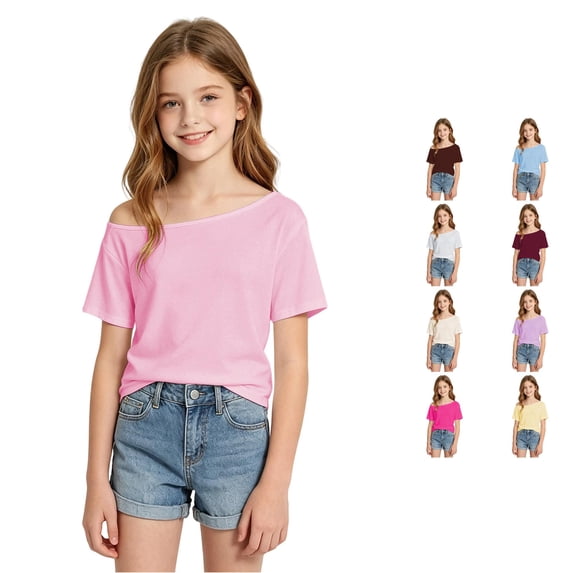 Rggeeun Child Girl Blouse Off Shoulder Solid Color Short Sleeve Square Neck Smooth Loose Relaxed Fit for Summer Outdoor Picnics Kawaii Tops,Pink,11-12 Years