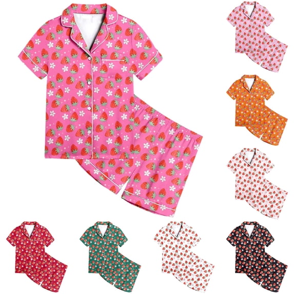 Rggeeun Child Girl Pajamas 2Pc Colorful Fruit Pattern Short Sleeve Notched Collar Button-Down Soft Lightweight Summer Sleep Set Family Time Cozy Nightwear,Pink,8-9 Years