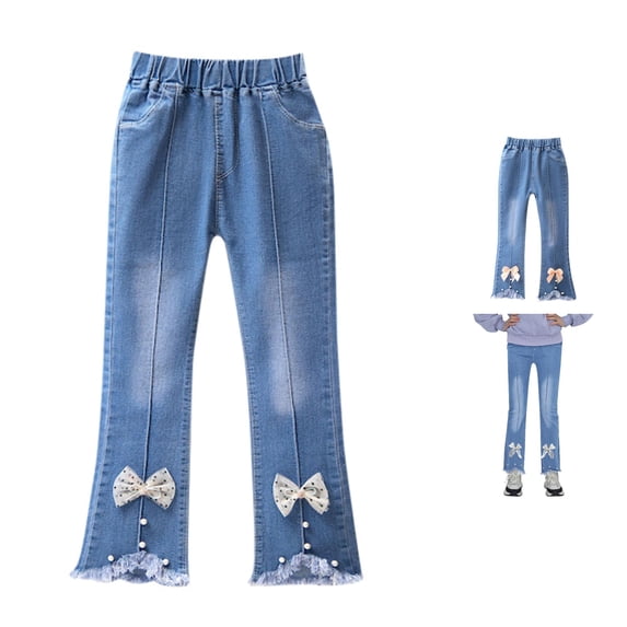 Rggeeun Child Girl Pants Washed Denim Jeans Front Seam Bow Side Pockets Loose Fit Straight Leg Mid Waist Ankle Length Outdoor Play Relaxed Trousers,Black,4-5 Years