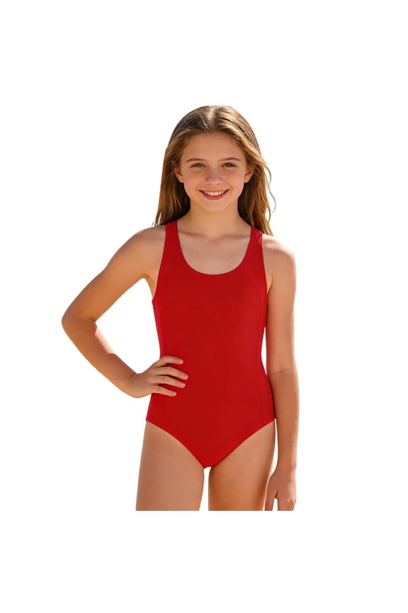 Child Girls Beachwear O-Neck Sleeveless Solid Color For Teens And Juniors Comfortable Athletic Swim Fit,Red,12