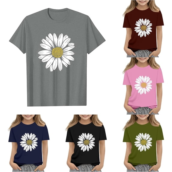 Rggeeun Child Girls Blouse Cute Floral Pattern Short Sleeve Crew Neck Relaxed Fit Loose Soft Smooth for Summer Play Sports Stylish Tops,Gray,3-4 Years