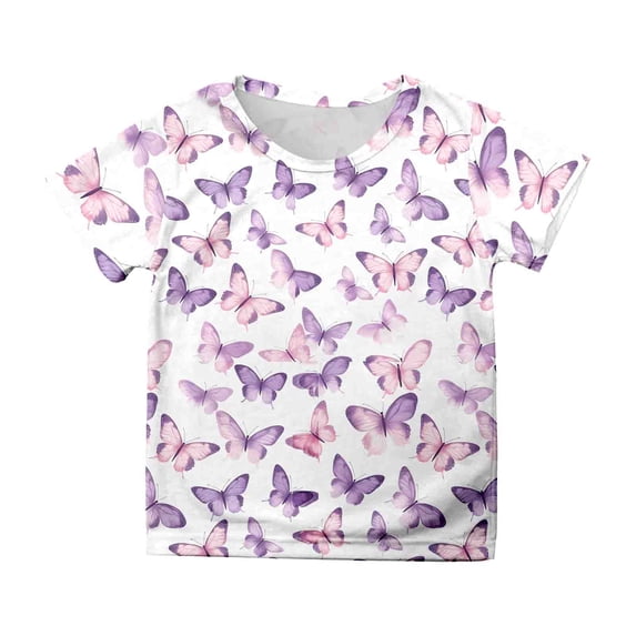 Rggeeun Child Girls Blouses Cute Butterfly Pattern Loose Plus Size Short Sleeve Crew Neck Knit Relaxed Fit Lightweight for Summer Vacation Sweet Tops,Purple,4-5 Years