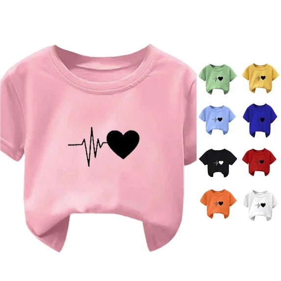 Rggeeun Child Girls Blouses Cute Heart Pattern Short Sleeve Crew Neck Plus Size Loose Soft Breathable for Summer Outdoor Stylish Tops,Pink,4-5 Years