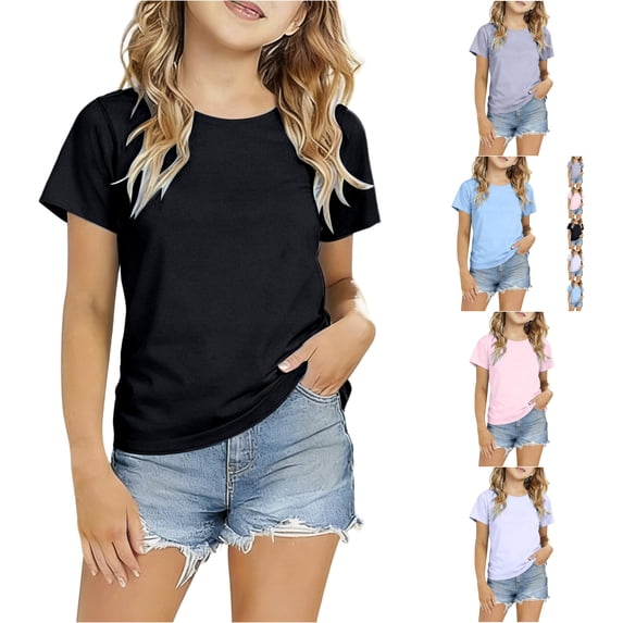 Rggeeun Child Girls Blouses Solid Color Short Sleeve Crew Neck Knit Smooth Loose Fit for Summer Outdoor Picnics Trendy Tops,Black,2-3 Years