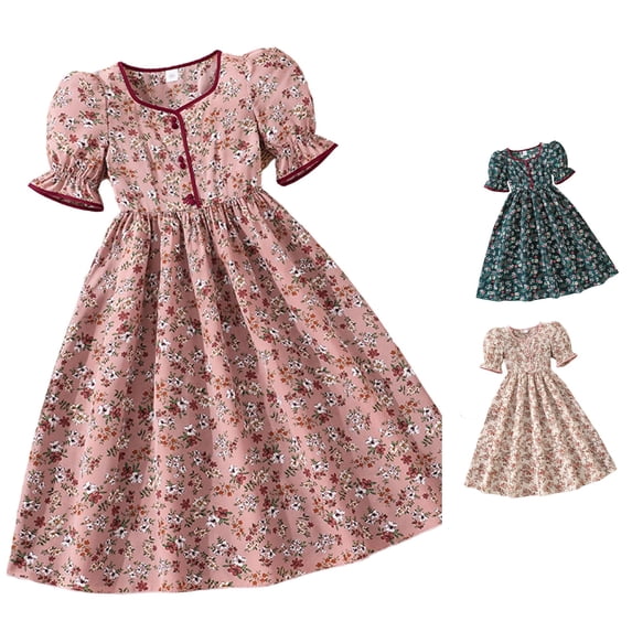 Rggeeun Child Girls Dress Cute Floral Pattern A Line Short Sleeve Square Neck Front Buttons Ankle Length Wide Ruffle with Waist Shirring for Summer Holiday Fashion Playwear,Pink,11-12 Years