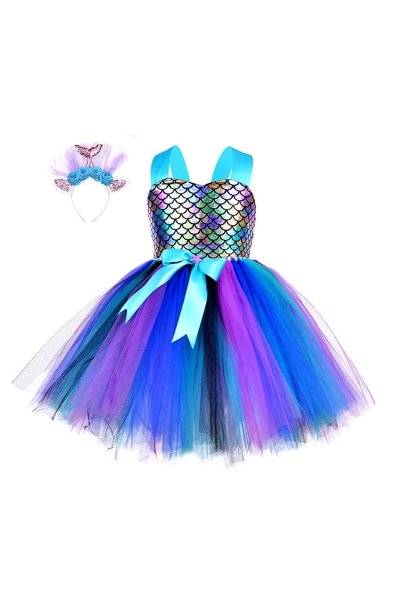 Child Girls Dress Gradient Style Scale Pattern Smock Frock & Bow Sashes Belt A-Line Square Crew Halter Knee-Length With Pleated Ruffle For Holiday Classic Sundress,Blue,5-6 Years