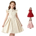 thumbnail image 1 of Rggeeun Child Girls Dress Solid Color Fly Sleeve Crew Neck Front Hollow A Line with Embossed Floral & Side Pleated Ruffle Trim Ankle Length for Summer Outdoor Picnics Cozy Playwear,Beige,8 Years, 1 of 7