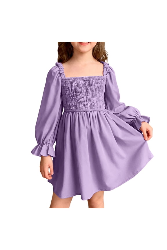 Child Girls Dress Solid Color Knee-Length Square Neck Pleated Long Sleeve Shiny Satin Smock Frock With Flowing Waist Shirring Ruffle For Summer Outdoor Casual Playwear,Purple,8-9 Years