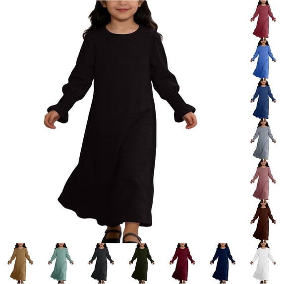 Rggeeun Child Girls Dress Solid Color Long Sleeve Crew Neck Loose Plus Size Breathable Flowy Ankle Length for Summer Outdoor Play Graceful Playwear,Brown,7-8 Years