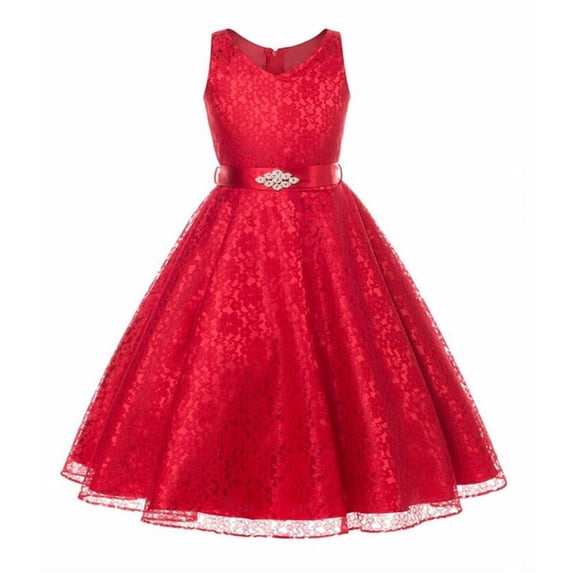 Rggeeun Child Girls Dress Solid Color Pleated Sleeveless Square Neck Knee-Length Slim Fit With Sashes Belt & Pleated Lace Ruffle Trim For Party Lovely Sundress,Red,7-8 Years
