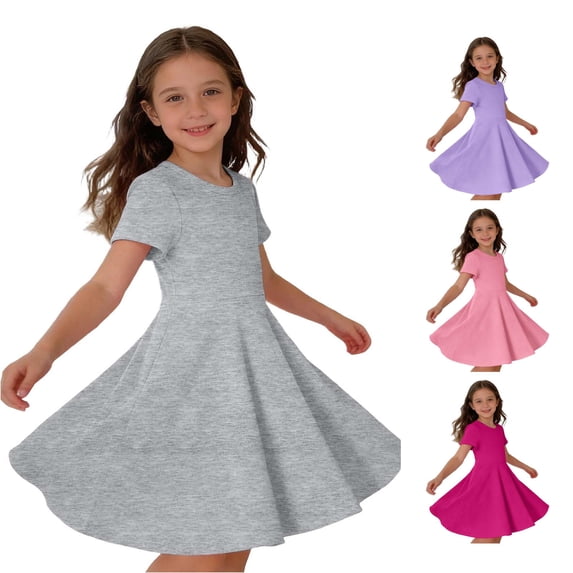 Rggeeun Child Girls Dress Solid Color Short Sleeve Crew Neck A Line Knee Length with Waist Draping Ruffle for Summer Beach Lounging Graceful Playwear,Gray,2-3 Years