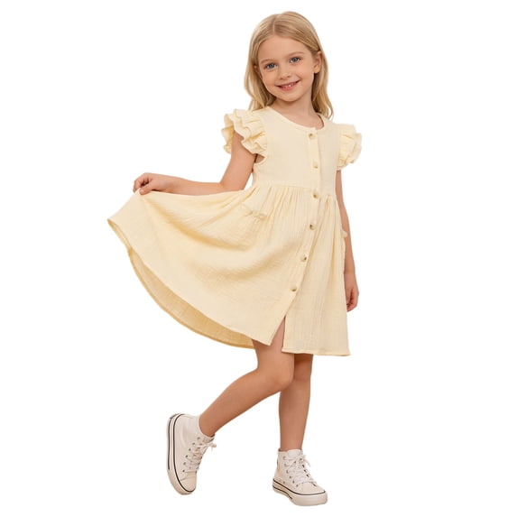 Rggeeun Child Girls Dress Solid Color Tiered Fly Sleeve Crew Neck Knee Length Smocked Waist With Pleated Ruffle & Side Pockets For Holiday Classic Playwear,White,2-3 Years