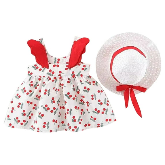 Rggeeun Child Girls Dress Tropical Fruit Pattern Short Style Wide Straps U-Back Square Neck With Pleated Ruffle & Hat For Outdoor Play Stylish Sundress,Red,12-18 Months