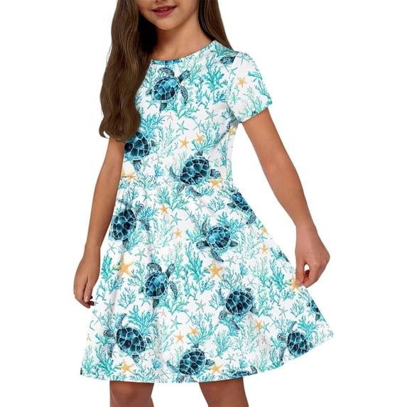 Rggeeun Child Girls Dresses Cartoon Animal Print Short Sleeve Crew Neck A Line Flowy Loose with Ruched Ruffle Knee Length for Summer Travel Party Leisure Sundress,Green,7-8 Years