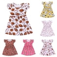 thumbnail image 1 of Rggeeun Child Girls Dresses Cartoon Baseball Graphics Fly Sleeve Crew Neck A Line with Waist Draping Ruffle Knee Length for Summer Playground Delicate Sundress,Brown,9-10 Years, 1 of 4