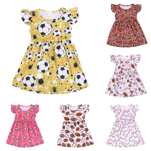Rggeeun Child Girls Dresses Cartoon Baseball Graphics Fly Sleeve Crew Neck A Line with Waist Draping Ruffle Knee Length for Summer Vacation Sweet Sundress,Yellow,9-10 Years