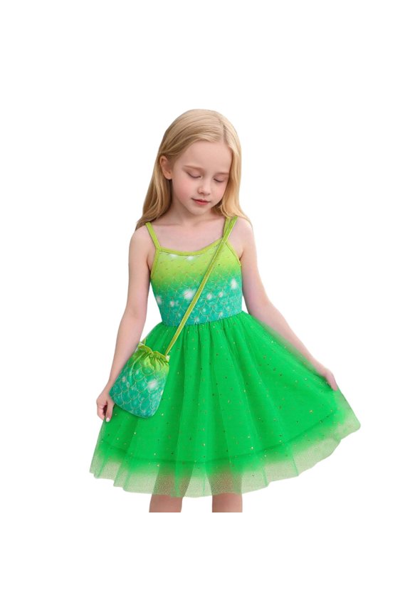 Child Girls Dresses Cartoon Cute Color Block Design Halter Thin Straps Square Neck Smocked Frock Knee-Length With Pleated Tulle Ruffle Trim For Everyday Use Youthful Wear,Green,110/5Y