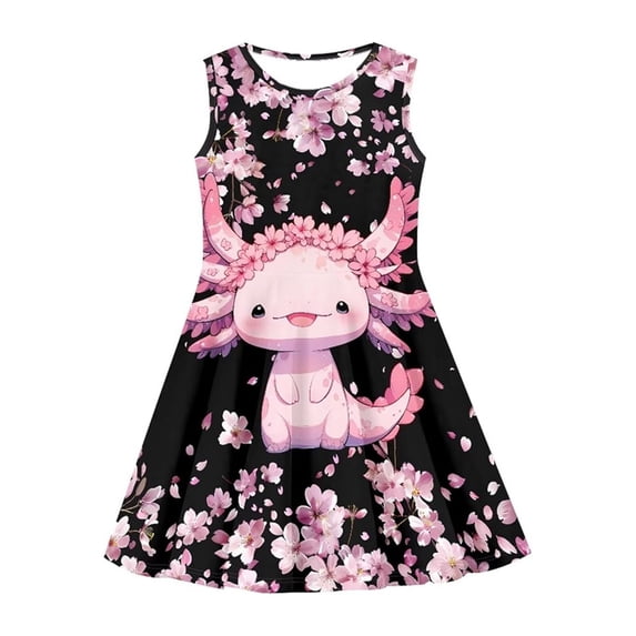 Rggeeun Child Girls Dresses Cute Floral& Cartoon Print Sleeveless Crew Neck A Line Flowy Loose with Ruched Ruffle Knee Length for Summer Vacation Sweet Sundress,Black,3-4 Years