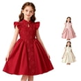 thumbnail image 1 of Rggeeun Child Girls Dresses Solid Color Fly Sleeve Crew Neck Front Hollow A Line with Embossed Floral & Side Pleated Ruffle Ankle Length for Summer Daily Wear Kawaii Sundress,Red,9 Years, 1 of 5
