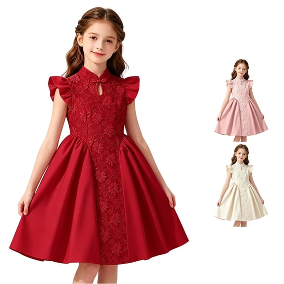 Rggeeun Child Girls Dresses Solid Color Fly Sleeve Crew Neck Front Hollow A Line with Embossed Floral & Side Pleated Ruffle Ankle Length for Summer Daily Wear Kawaii Sundress,Red,9 Years
