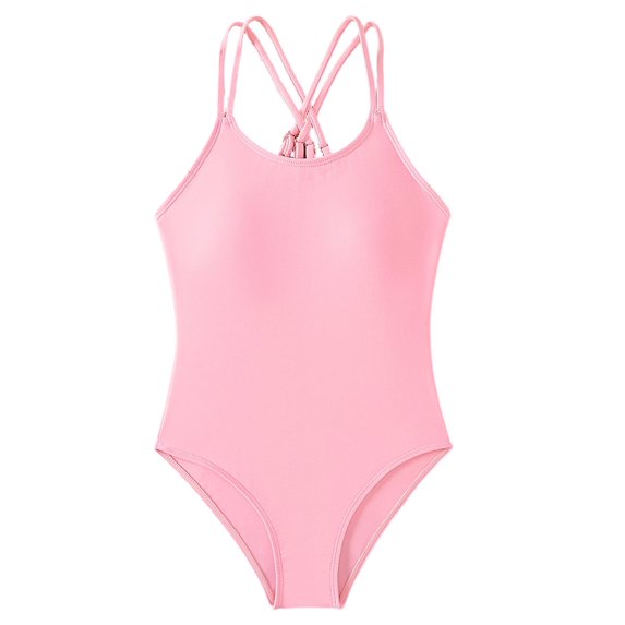 Rggeeun Child Girls One-Piece Solid Color Thin Straps Square Neck Racerback Elastic Bikini for Summer Pool Training Classic Swimwear,Pink,10-11 Years