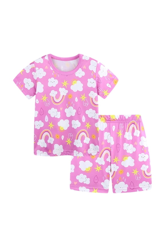 Child Girls Outfit 2 Piece Cartoon Rainbow & Cloud Pattern Short Sleeve Crew Neck Knit Soft Breathable Top & Elastic High Wasit Shorts Slim Fit For Party Comfort Set,Pink,7-8 Years