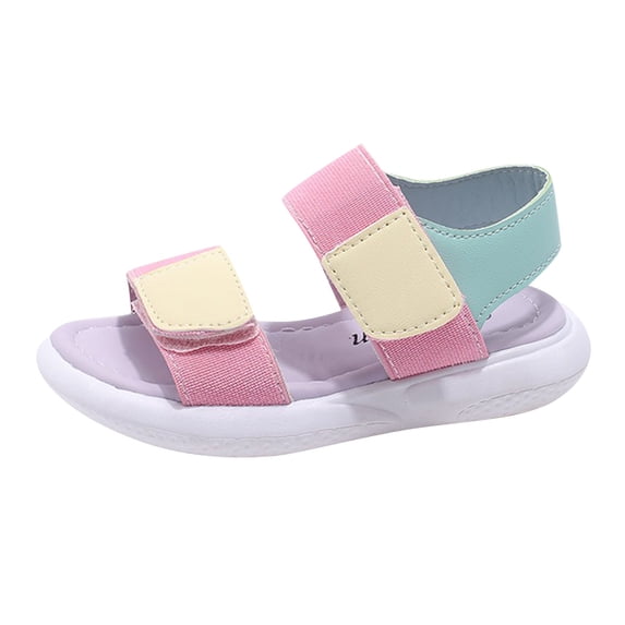 Rggeeun Child Girls Sandals Hook & Loop Gladiator Medium Width Color Block Design Non- Comfort Insole Flat Heel For Outdoor Play Stylish Footwear,Pink,3.5-4 Years