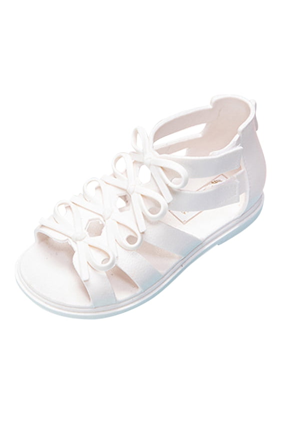 Child Girls Sandals Solid Color Gladiator Adjustable Ankle Strap With Bow Tie Non- Micro-Wedge Mid Heel For Summer Party Classic Footwear,White,8-9 Years