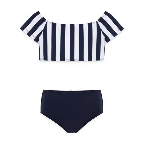 Rggeeun Child Girls Swimsuit Set 2Pc Cute Stripes Pattern Short Sleeve Square Neck Tankini & Elastic High Waist Swim Brief Slim Fit for Summer Water Surfing Cozy Swimwear,Blue,6-8 Years