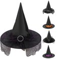 thumbnail image 1 of Rggeeun Child Halloween Themed Headdress Hat Solid Color Lace Witch Hat Wide Brim Pointed Hat Festive Halloween Cap Boys and Girls Everyday Wear Sweet,Black,One Size, 1 of 4